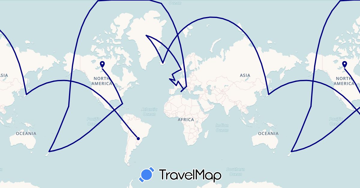 TravelMap itinerary: driving in Belgium, Brazil, Bahamas, Canada, France, United Kingdom, Greenland, Croatia, Ireland, Iceland, Italy, Japan, Norway, New Zealand, United States (Asia, Europe, North America, Oceania, South America)